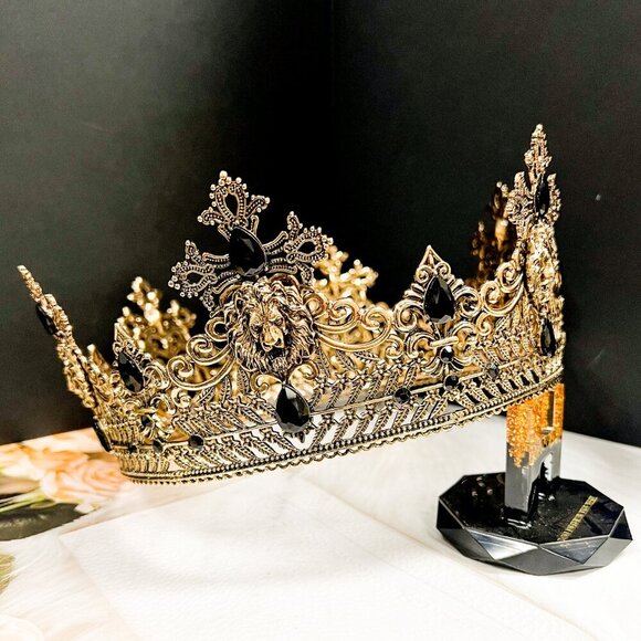 Vintage Lion King Crown, Black Crystal Crown for Groom, Prom Crown, Gold Crown - Picture 3 of 9